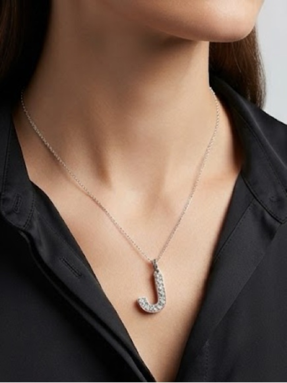 Monogram - Crystal-Embellished 'J' Initial Charm Pendant in Silver